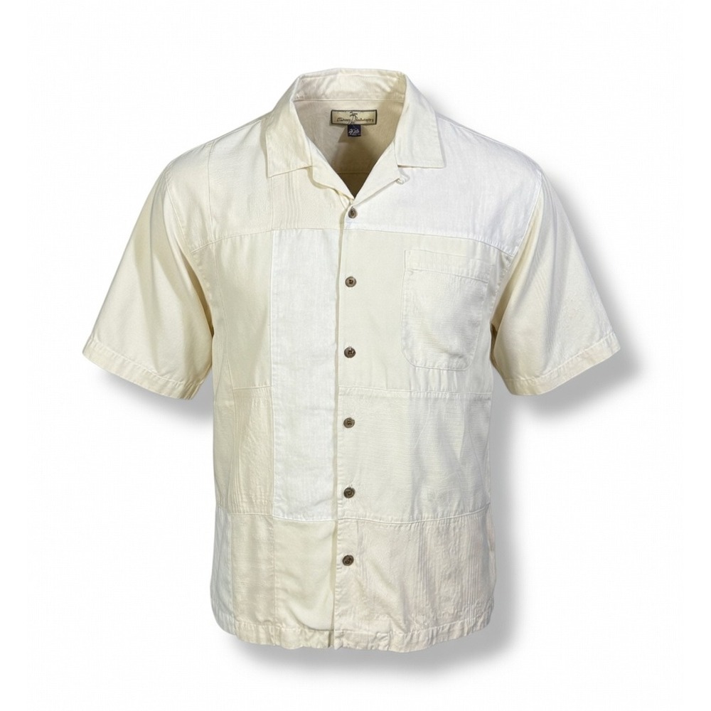 Tommy Bahama Silk Linen Camp Shirt Ivory L Hawaiian Resort Casual Button Up